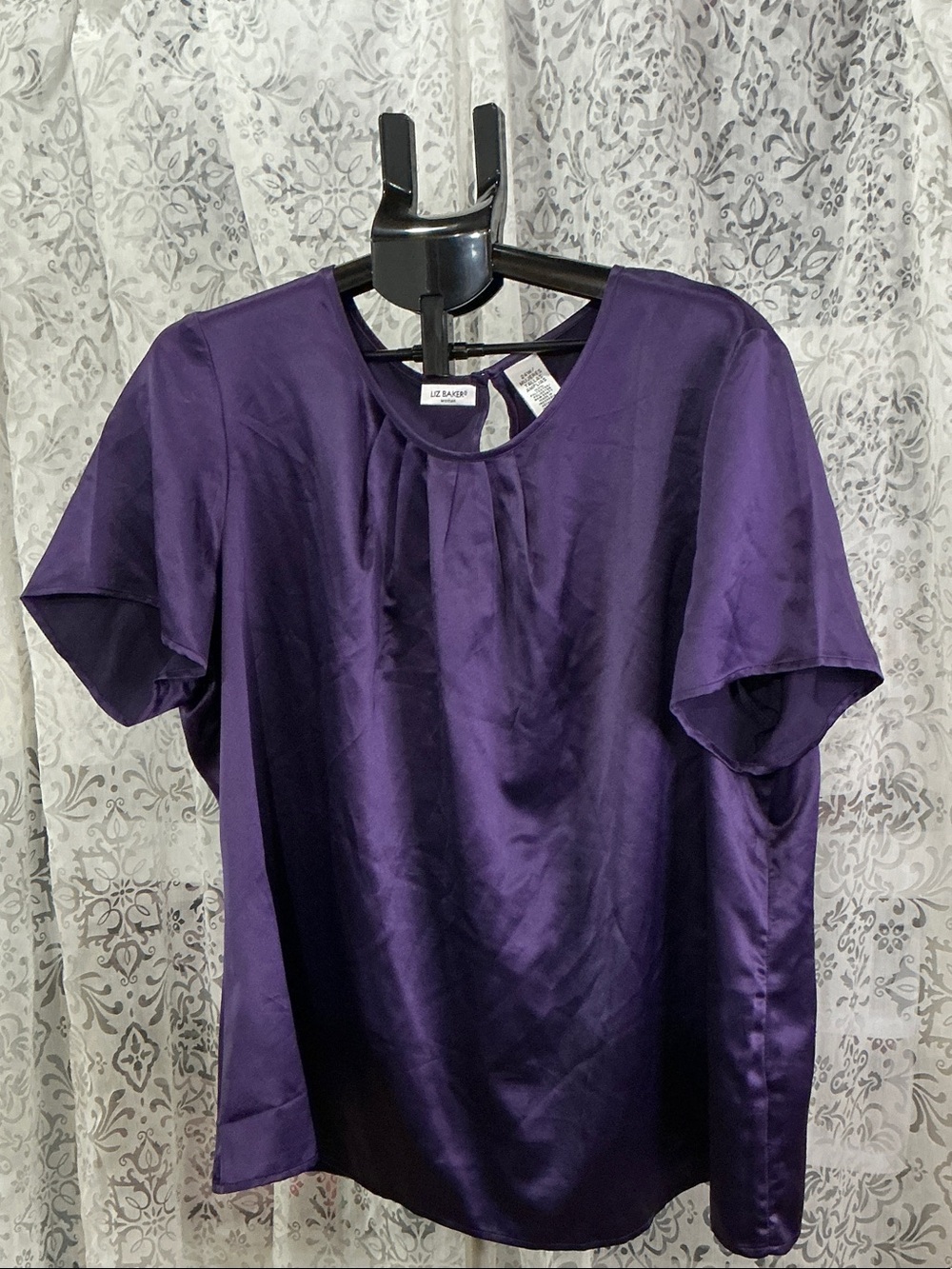 🟤 Liz Baker Purple Satin Short Sleeve Blouse